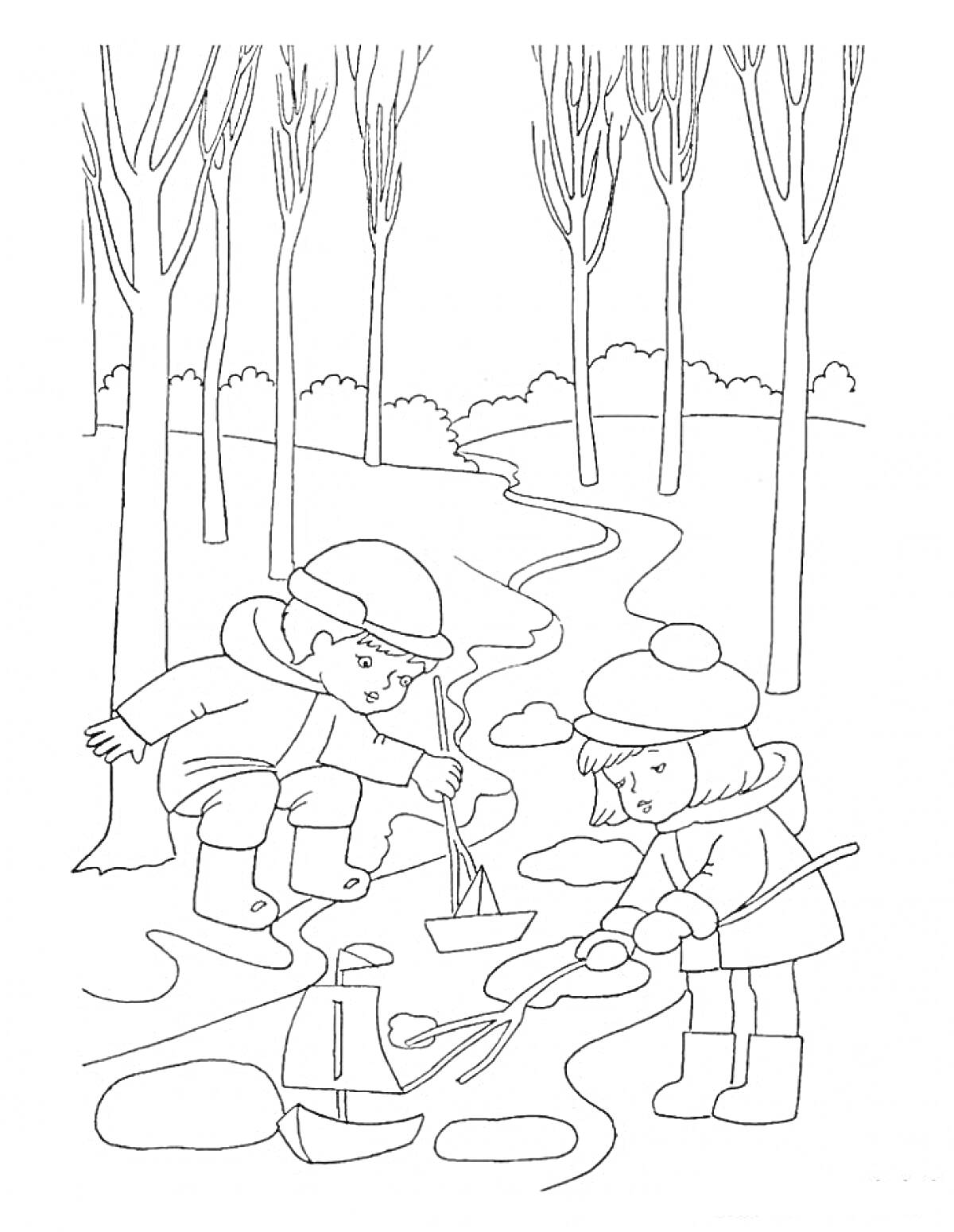 Раскраска Дети пускают кораблики в ручье в апрельском лесу