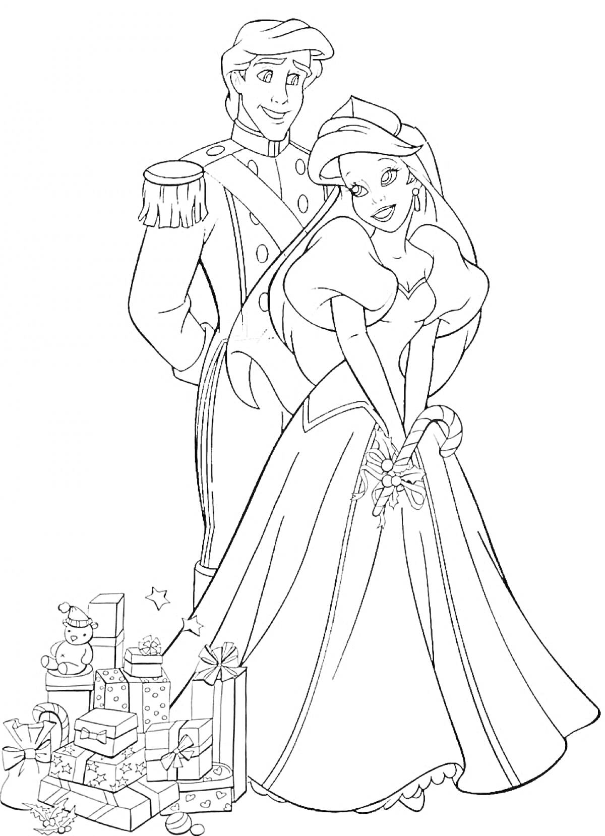 Раскраска Принц и принцесса среди подарков