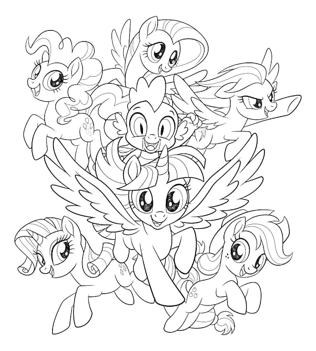 Раскраска Шесть радостных пони с крыльями и рогами, в радостных позах