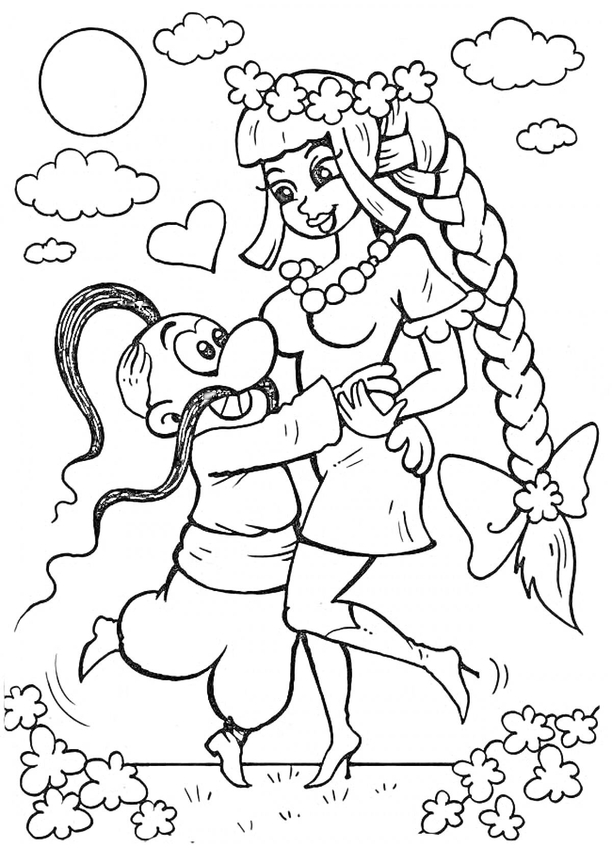 Раскраска Казаки, парень и девушка в традиционной одежде, цветы, солнце и облака