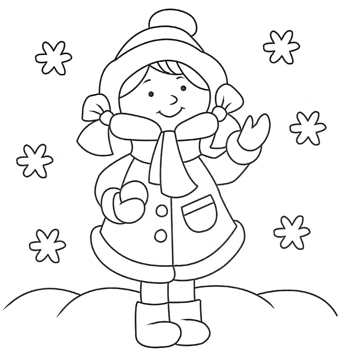 На раскраске изображено: Зима, Ребёнок, Снег, Шарф, Куртка, Шапка, Сапоги, Снегопад, Зимняя одежда, Варежка