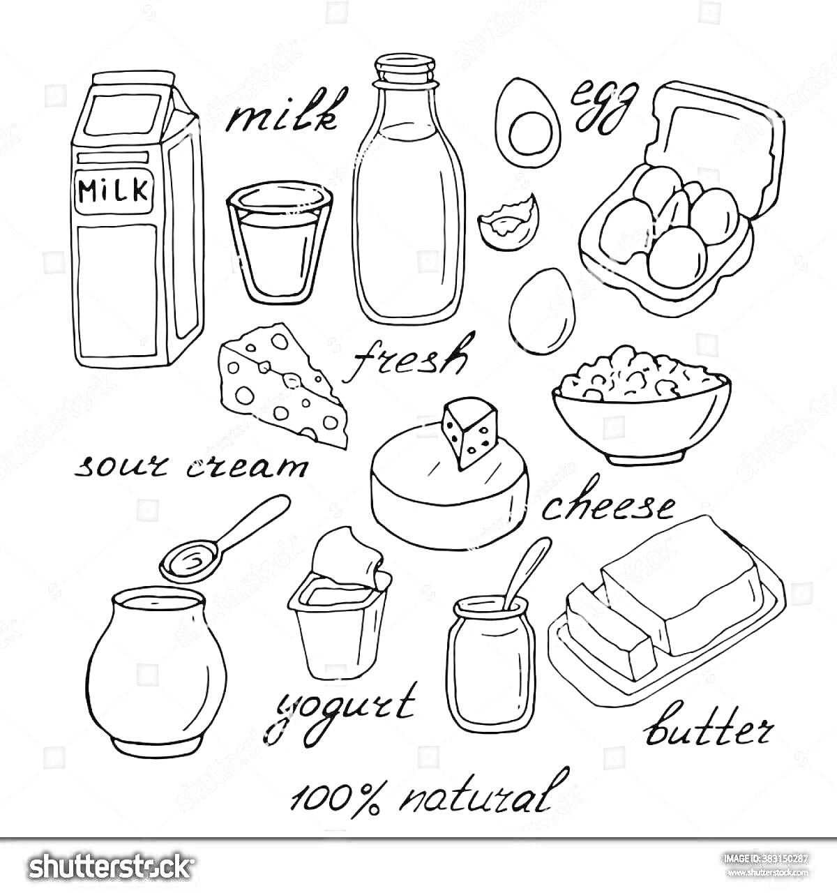 На раскраске изображено: Молочные продукты, Молоко, Сыр, Сметана, Творог, Йогурт, Масло, Еда, Иллюстрация