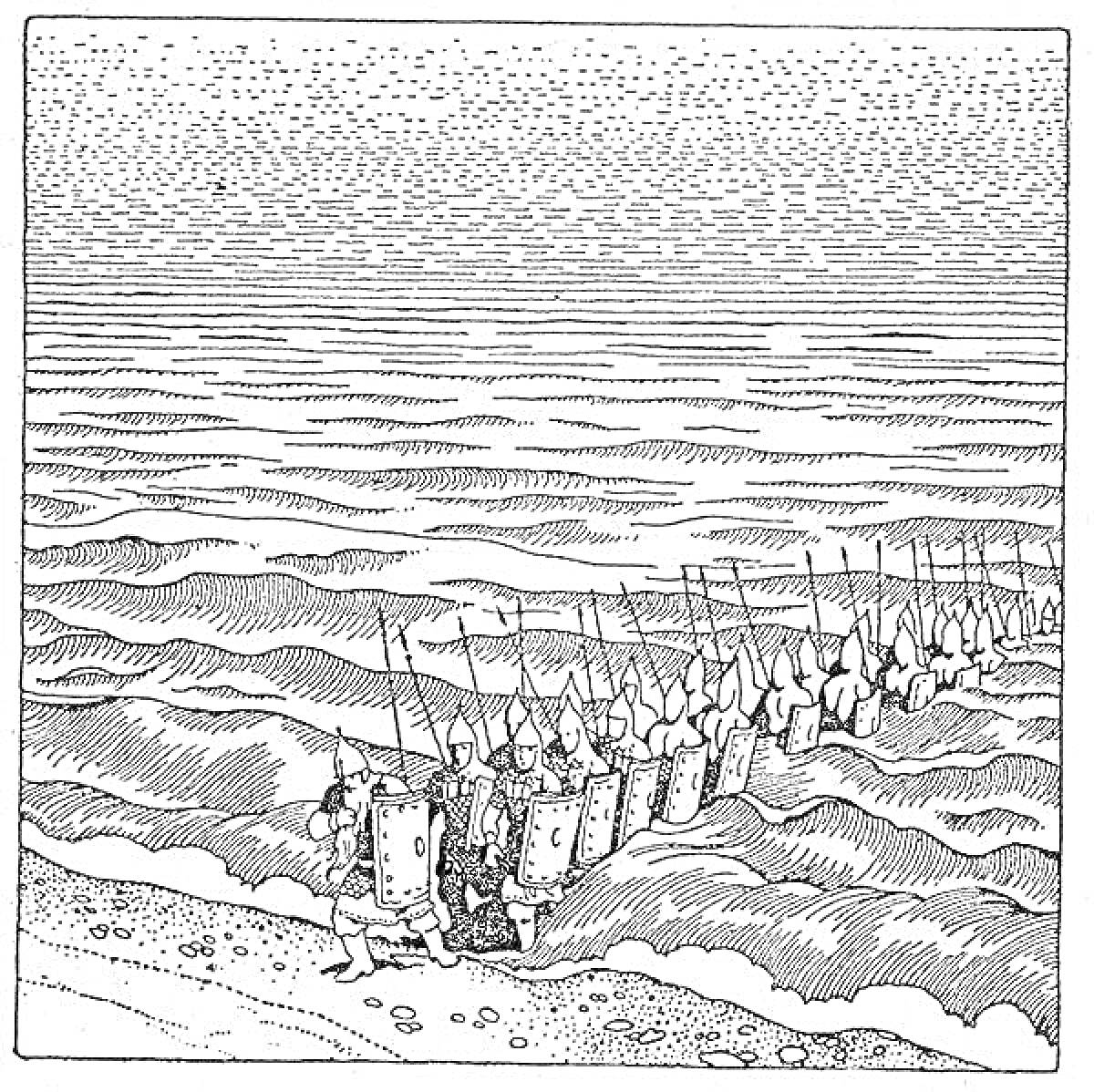 Раскраска 33 богатыра выходят из моря на берег, вооруженные копьями и щитами, изображение волнистого моря и песчаного побережья