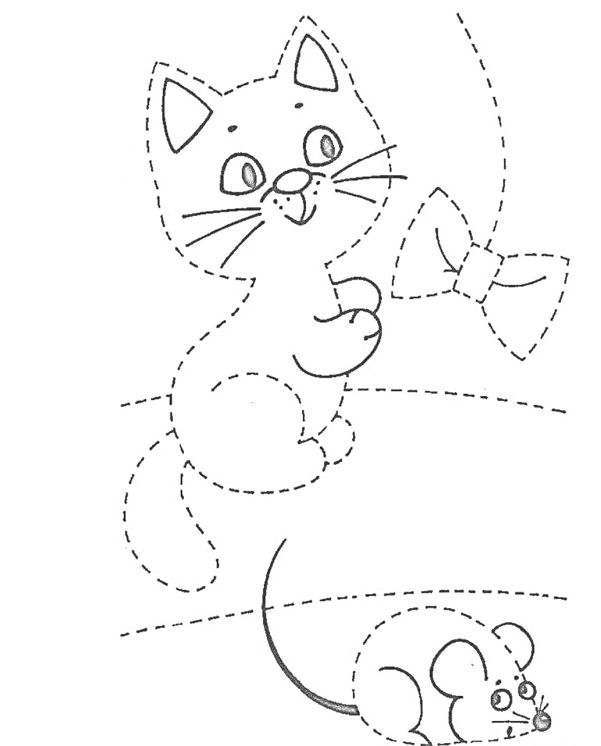 На раскраске изображено: Для детей 3-4 лет, Для детей, Линии, Бант, Кот, Мышь