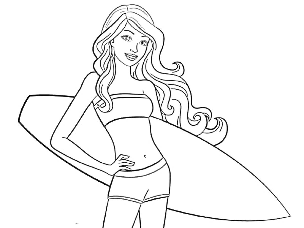 Раскраска кукла Барби с длинными волосами в топе и шортах, держащая серфинг, летняя тематика