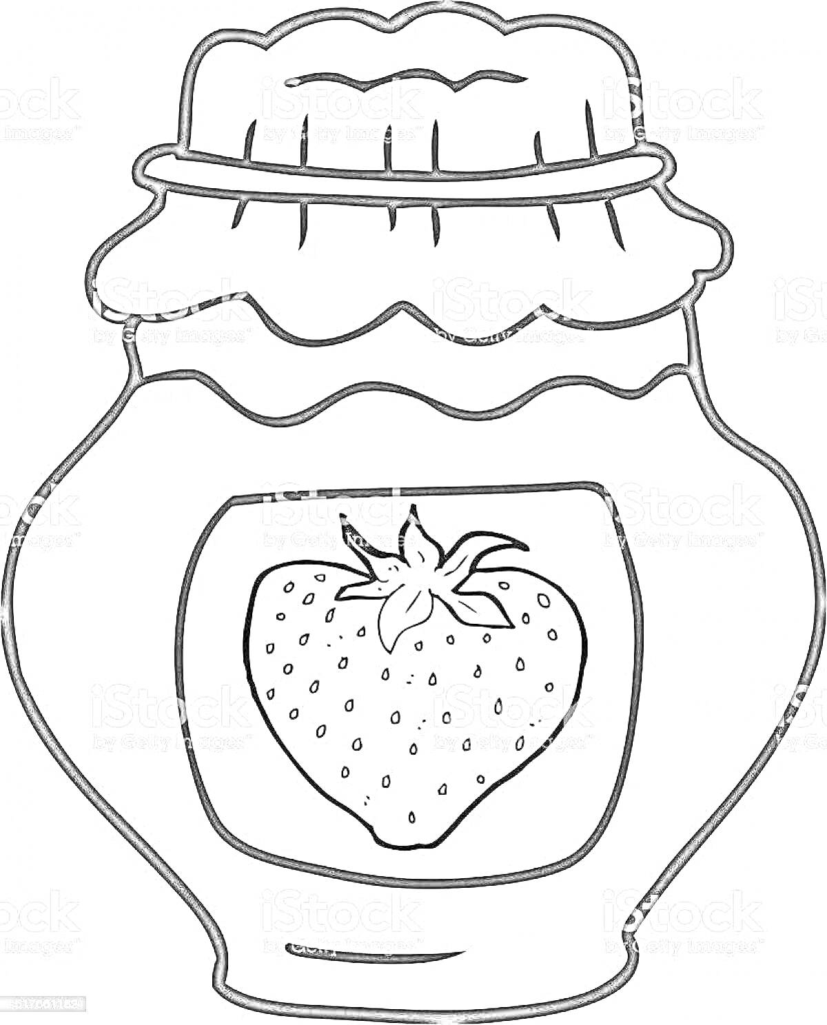 На раскраске изображено: Варенье, Банка, Клубника, Этикетка, Крышка, Консервация, Сладости