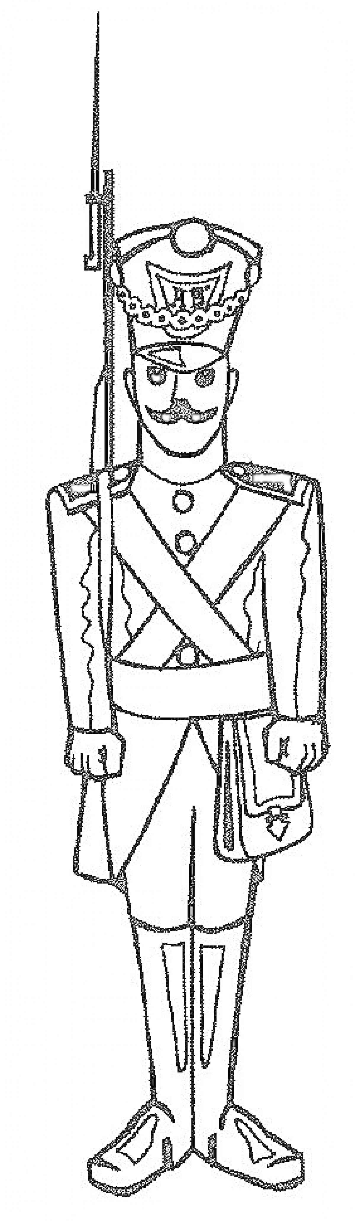 Солдатик в форме с мушкетом и усами, с кивером на голове и сумкой через плечо.