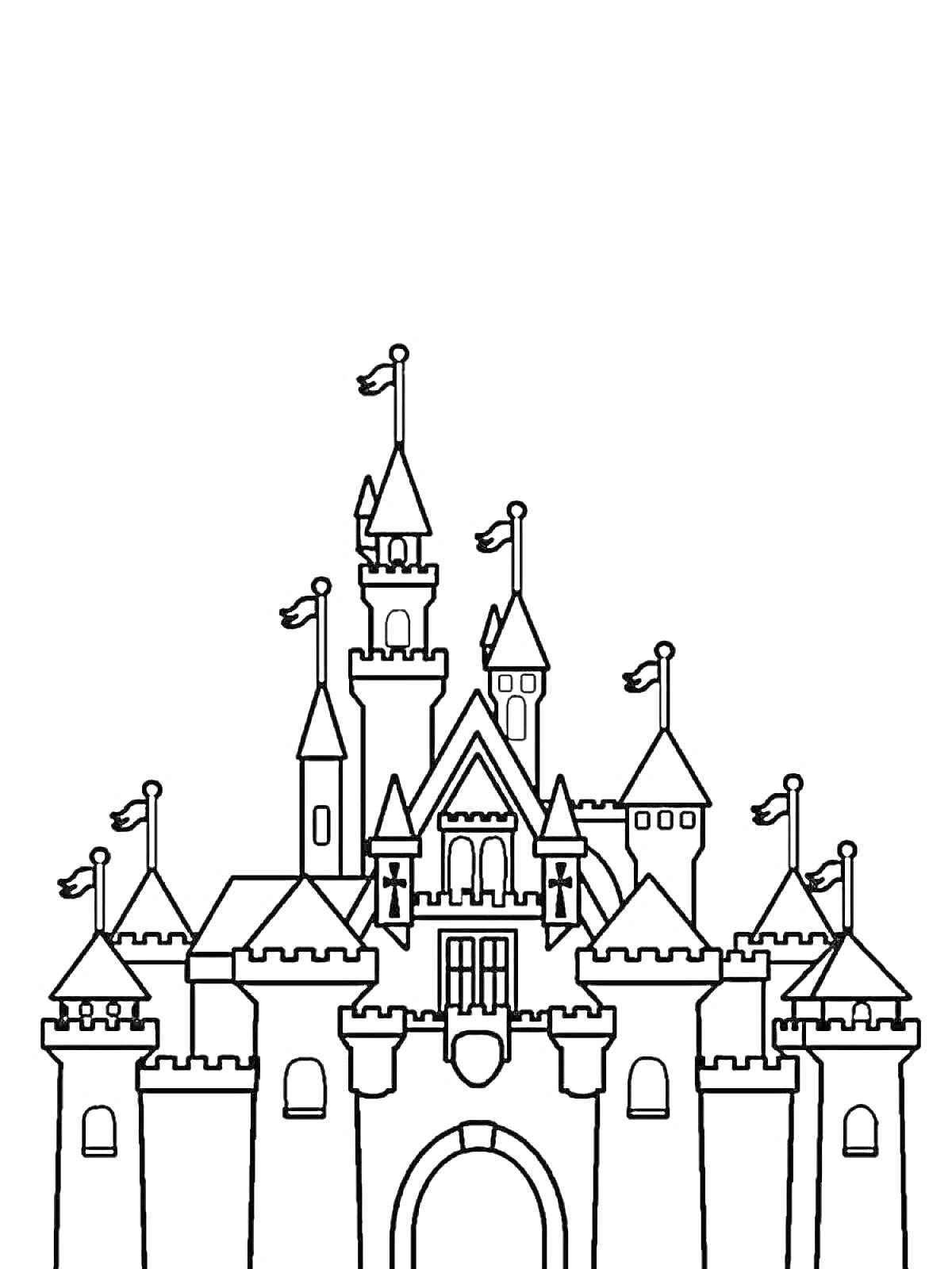 На раскраске изображено: Замок, Башни, Фасад, Архитектура, Арка, Флаг, Средневековье