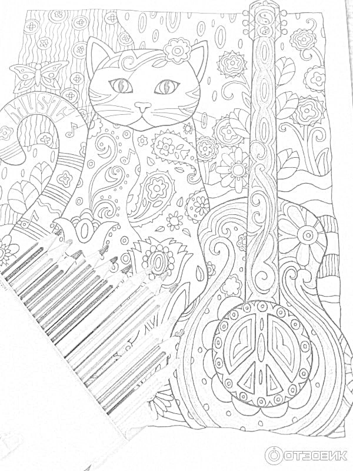 Раскраска кот, гитара, цветы, абстрактные узоры, коробка с цветными карандашами