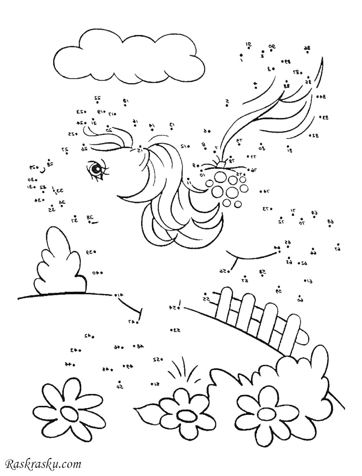 Раскраска Лошадка на лугу с цветами и облаком