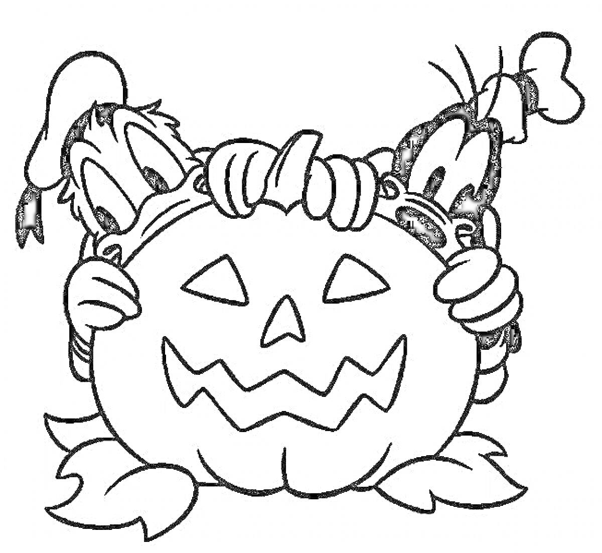 Раскраска Два персонажа прячутся за большой хэллоуинской тыквой с вырезанным лицом