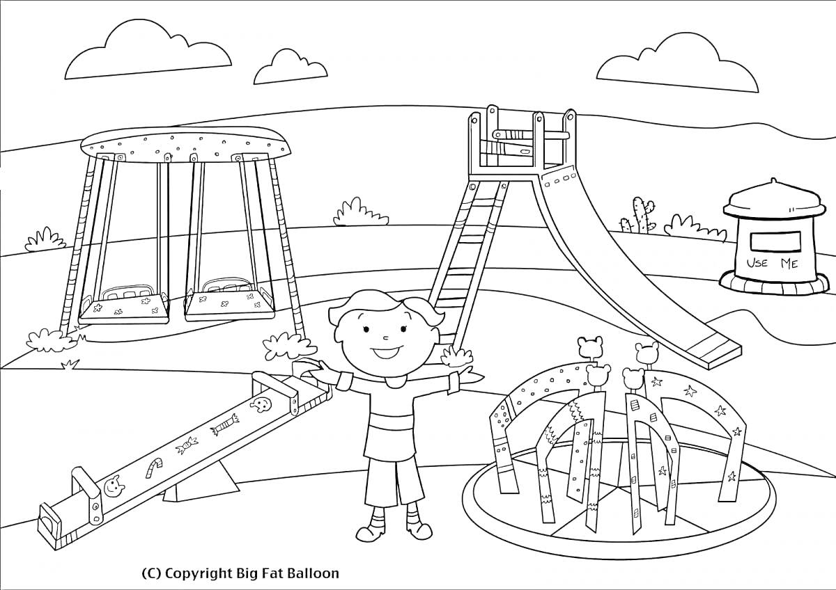 Раскраска Детская площадка с горкой, качелями, каруселью и мальчиком