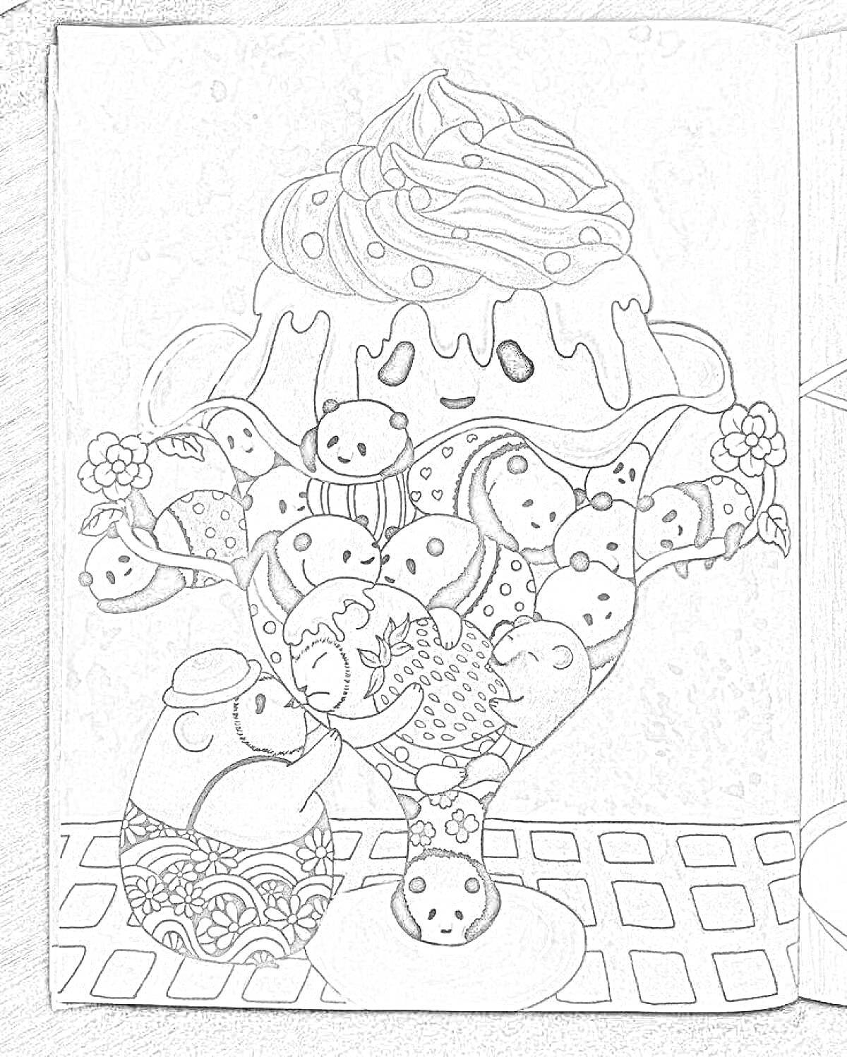 На раскраске изображено: Мороженое, Сладости, Цветы, Узоры, Кавай, Мило