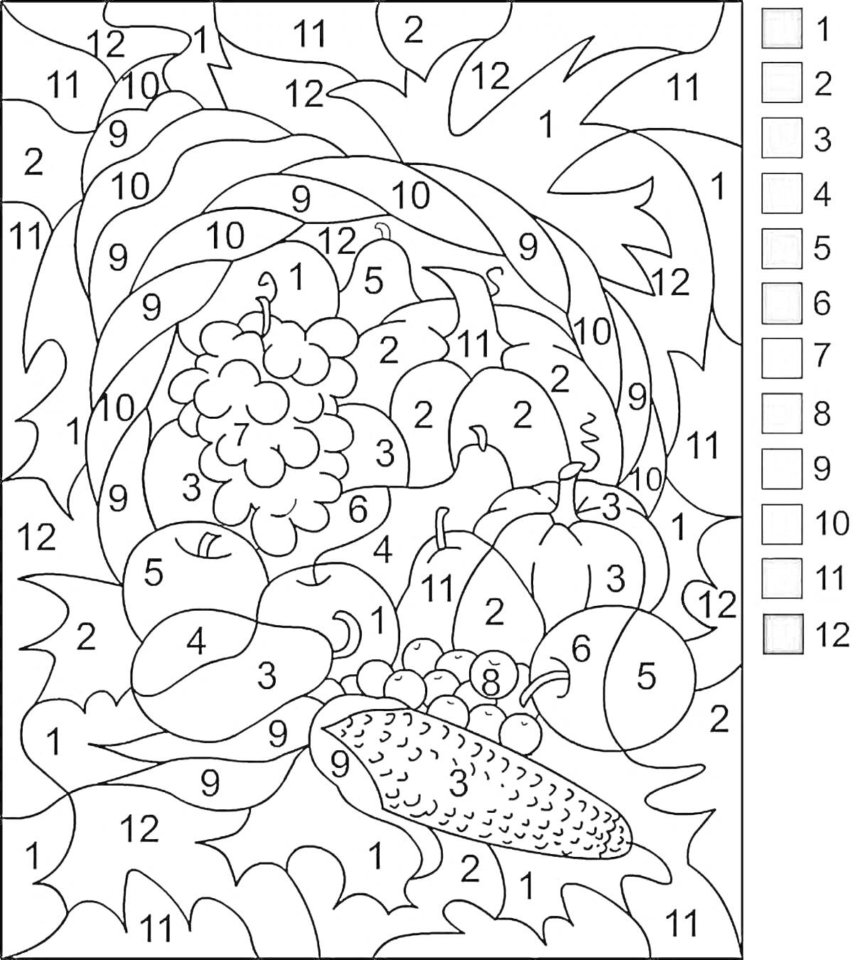 Раскраска Фрукты и овощи (кукуруза, виноград, яблоки, листья)