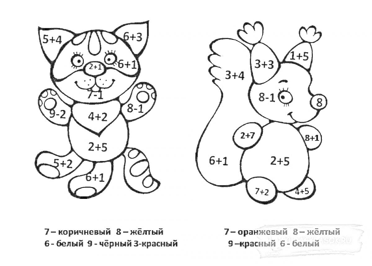 Раскраска Кот и белка с математическими примерами для раскрашивания
