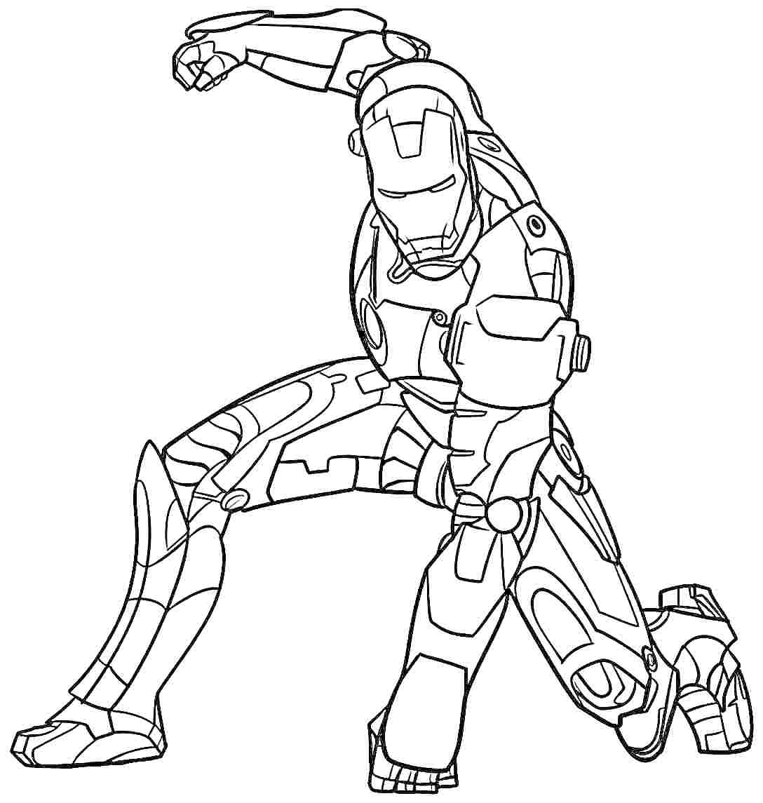 Раскраска Железный человек в боевой позе, на одном колене, с поднятым кулаком