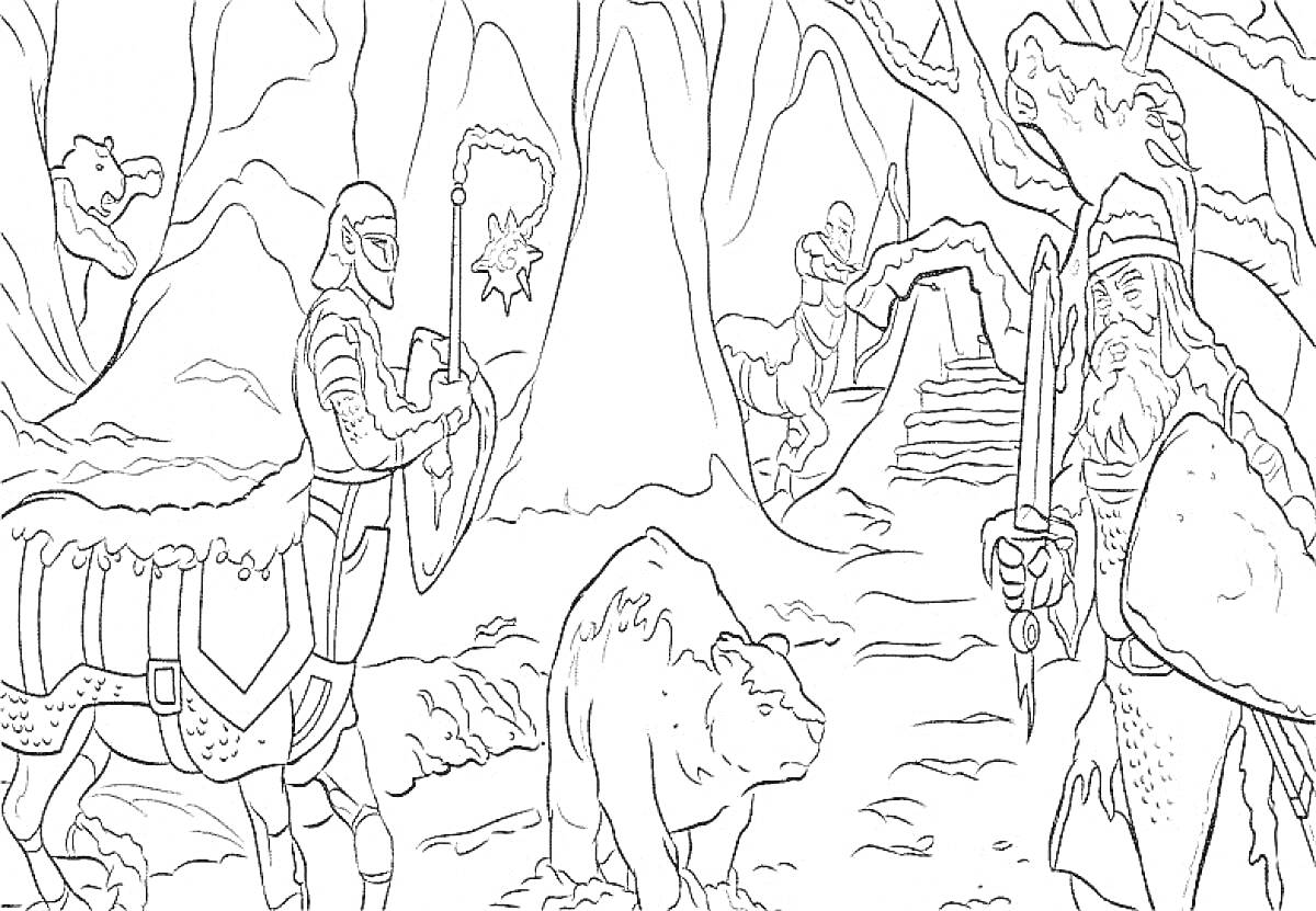 На раскраске изображено: Лев, Колдунья, Медведь, Воин, Копья, Рыцари