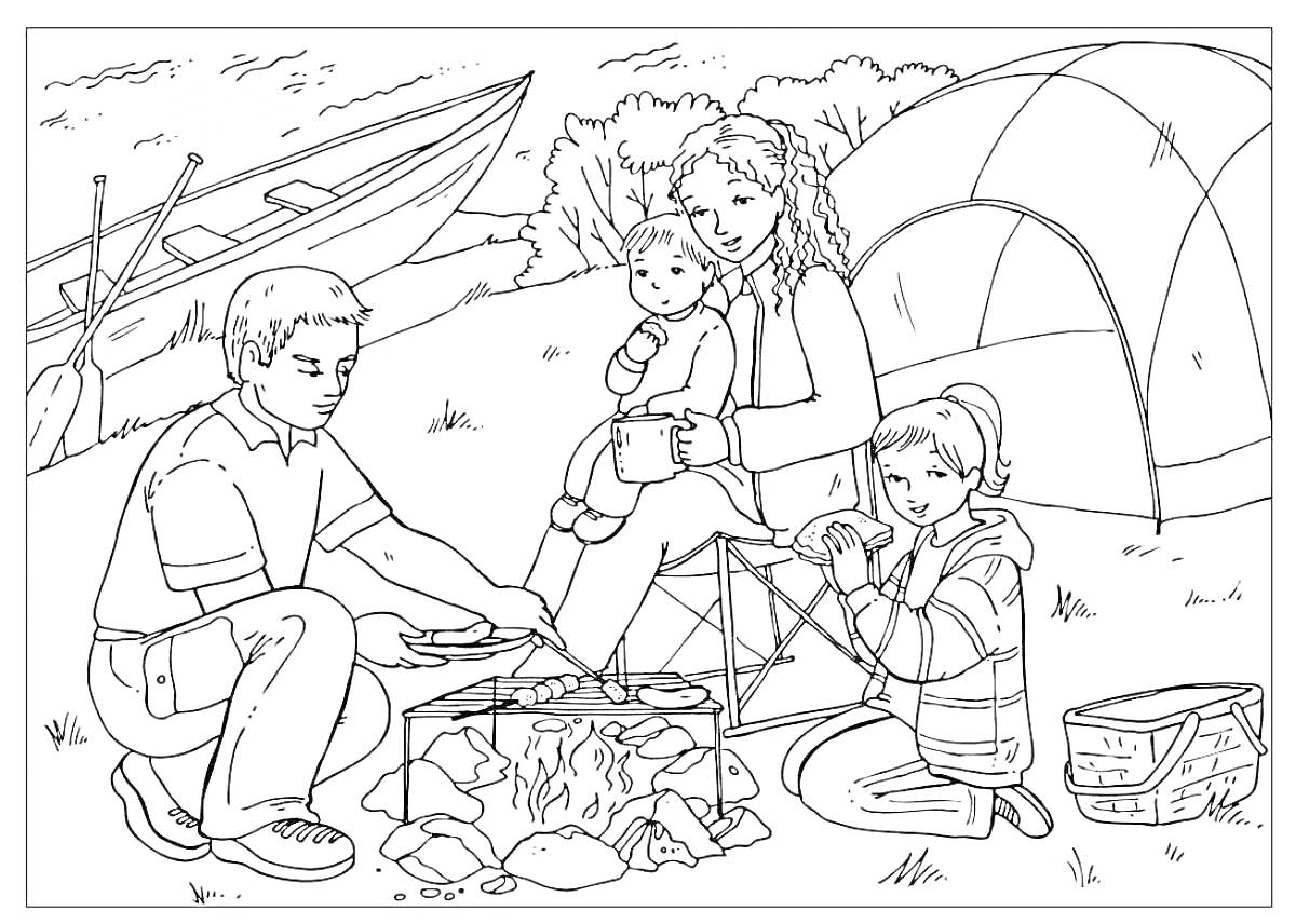 Раскраска Семейный отдых на природе у костра с палаткой, лодкой и корзиной для пикника