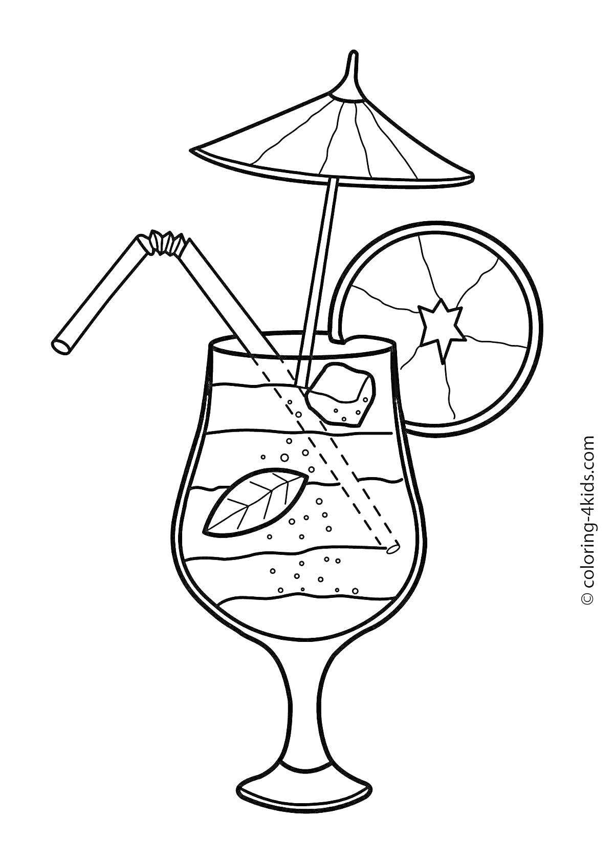 Раскраска Коктейль с зонтиком, трубочкой, льдом, долькой цитрусового и листиком мяты