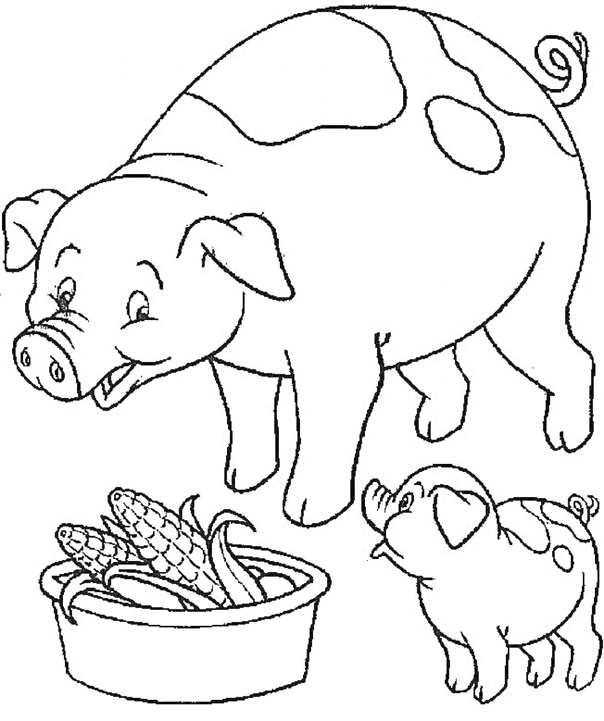 На раскраске изображено: Кукуруза, Миска, Домашние животные, Ферма, Корм, Поросята, Свиньи
