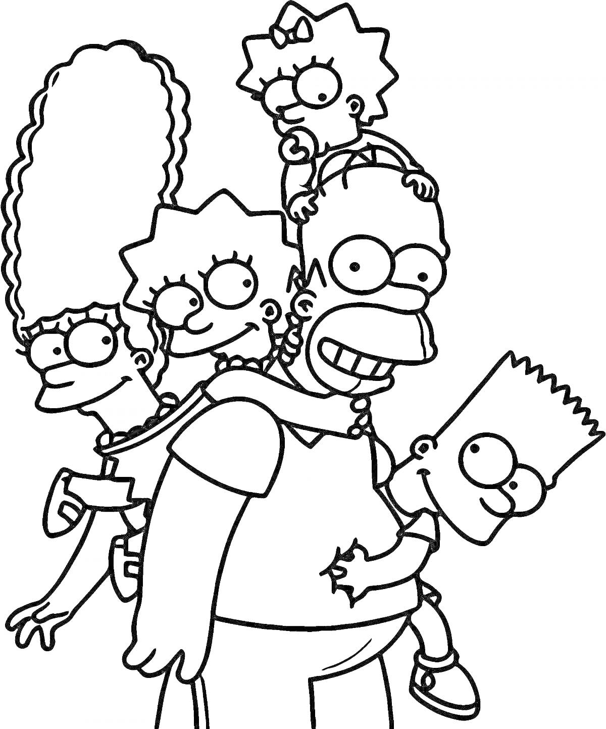 Раскраска Семья Симпсонов - Мардж, Лиза, Мэгги, Гомер и Барт