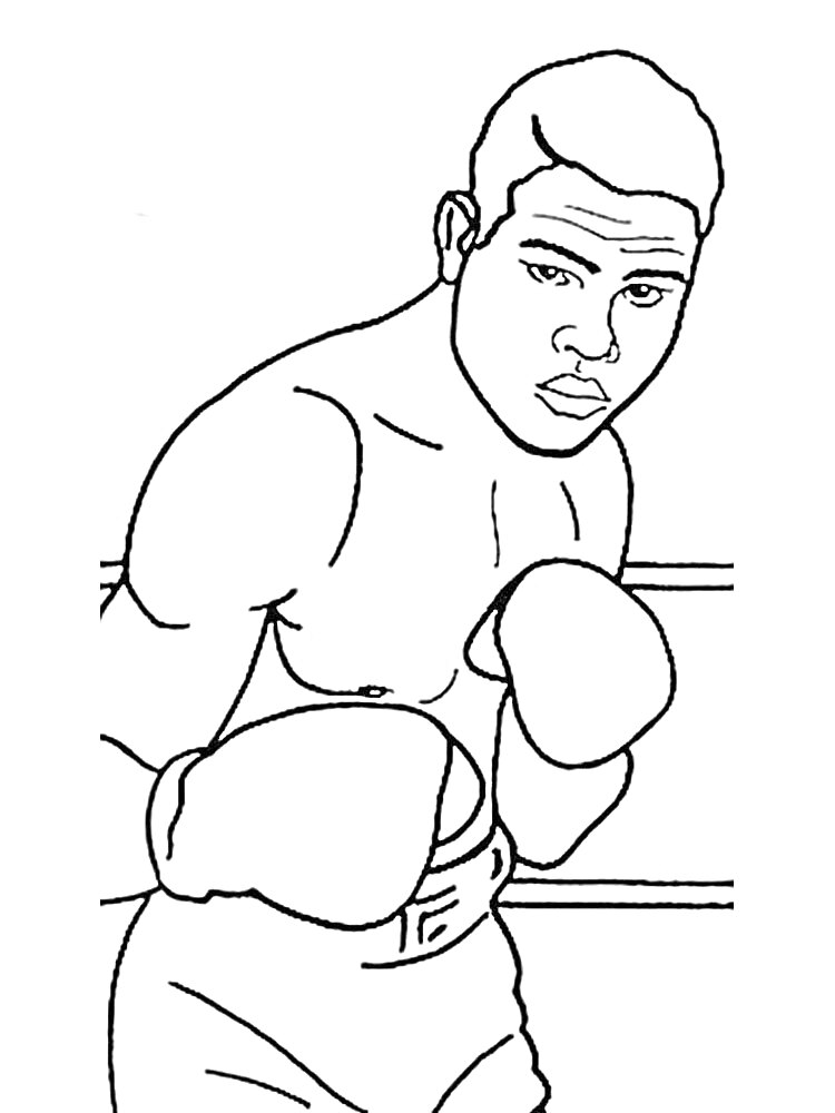 Раскраска Боксер в стойке на ринге, с поднятыми перед собой перчатками