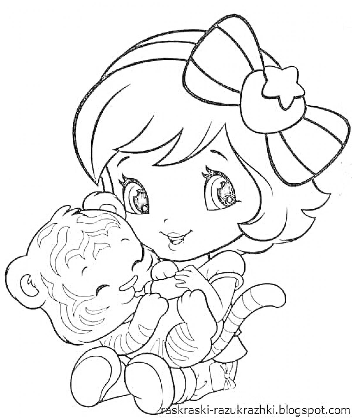 РаскраскаМалышка с большим бантом на голове держит сидящего тигренка