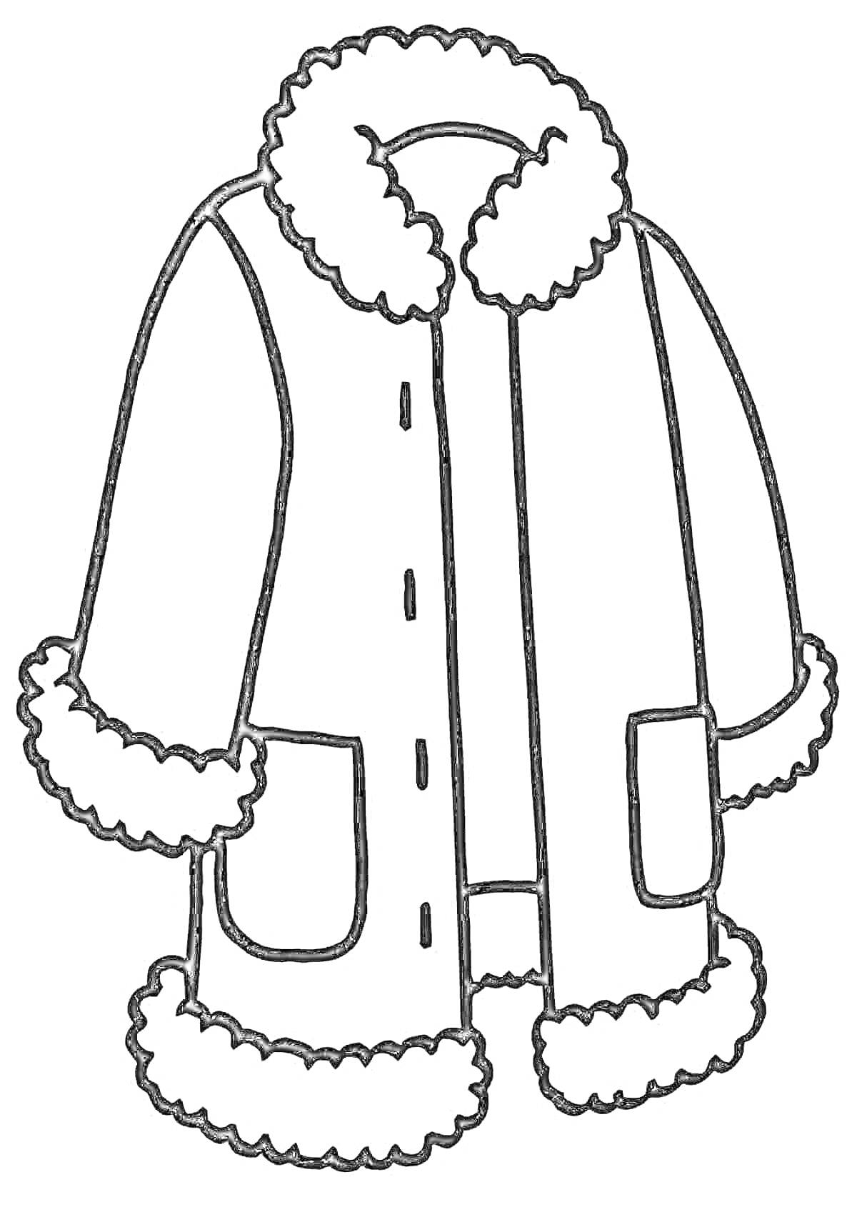 На раскраске изображено: Зимняя одежда, Куртка, Мех, Карманы, Детский сад, Одежда, Зима