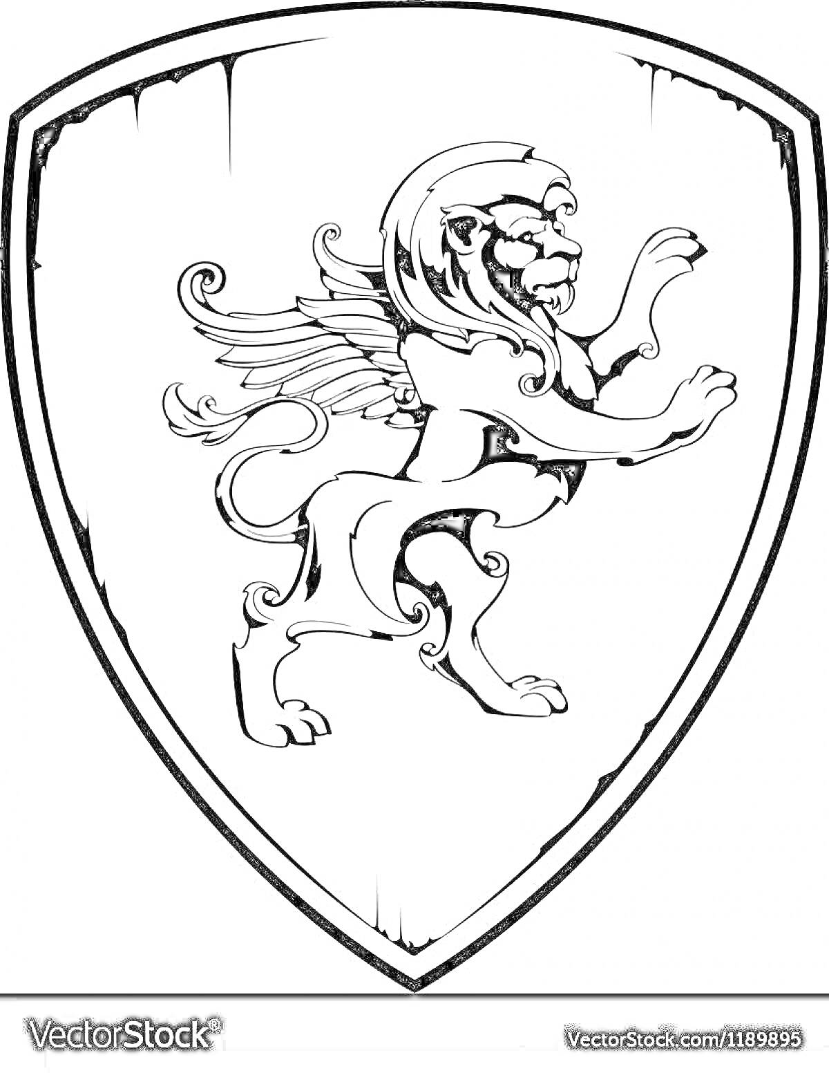 Раскраска Герб с крылатым львом в геральдическом щите с декоративными элементами