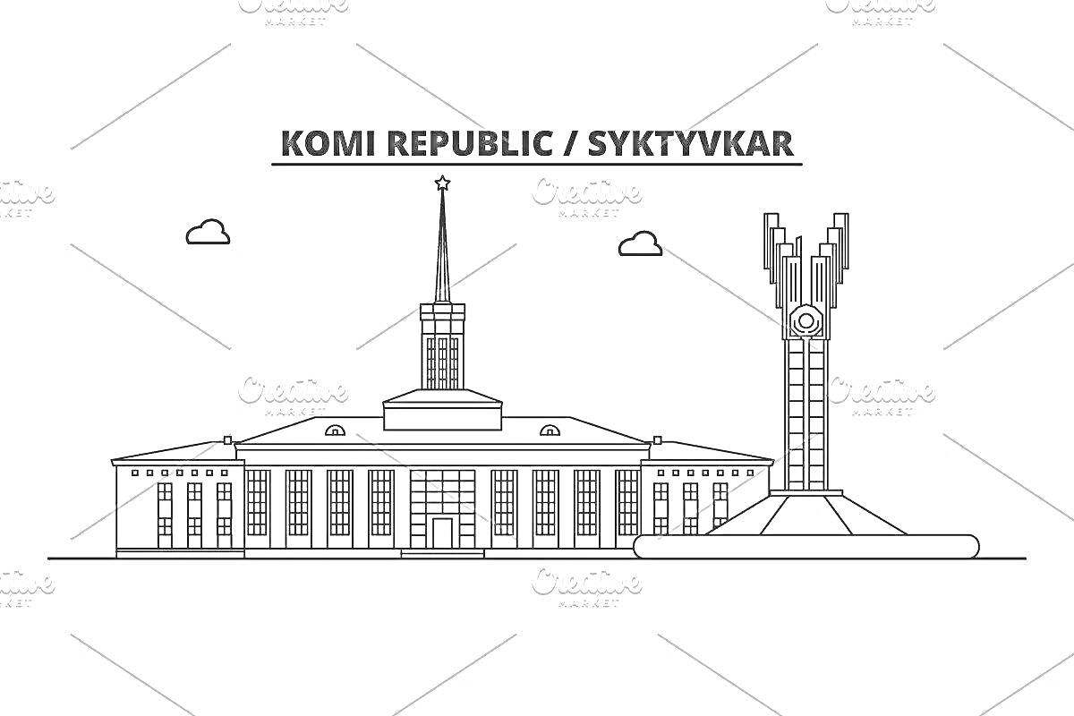 На раскраске изображено: Здание, Шпиль, Монумент, Фигуры, Облака