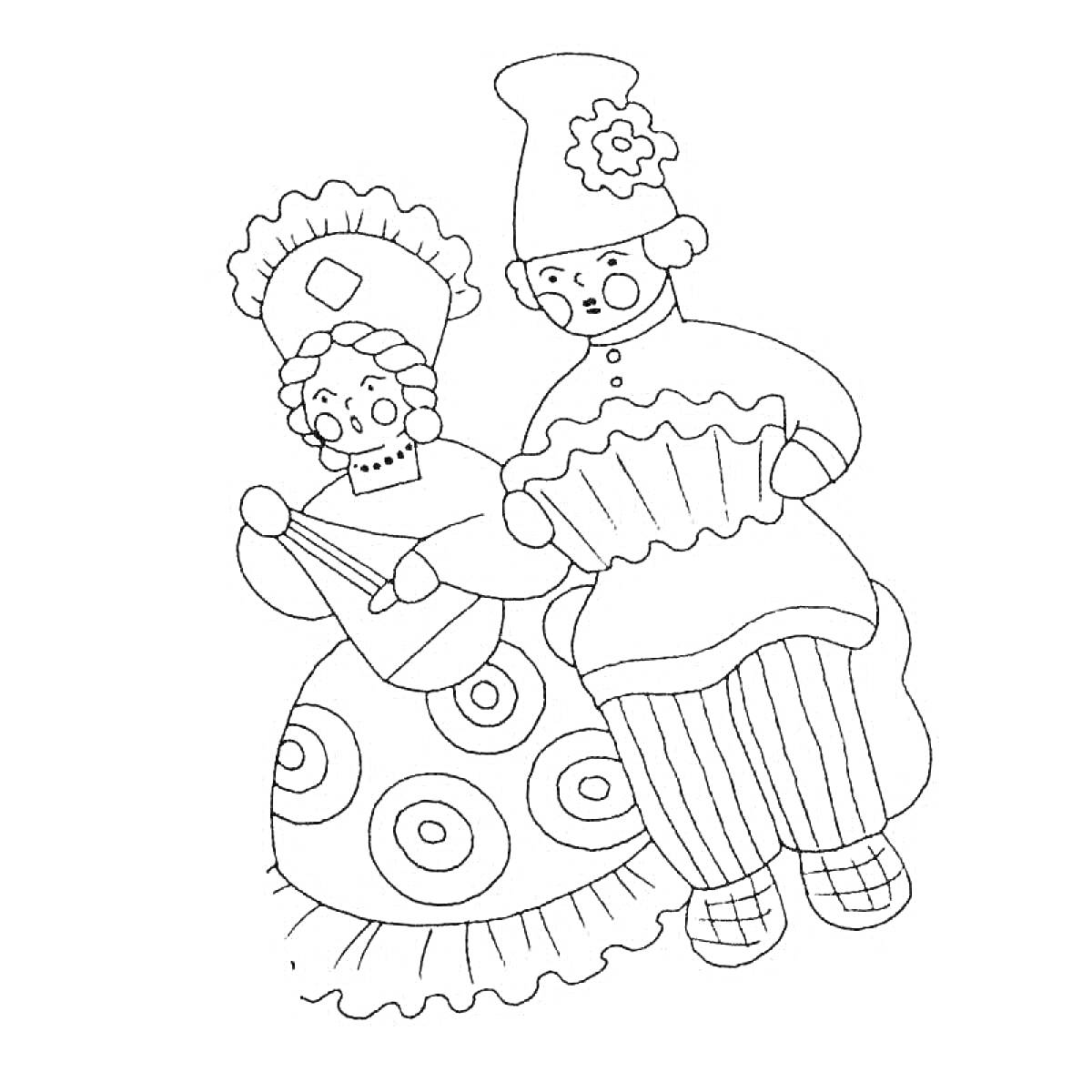 На раскраске изображено: Дымковская игрушка, Мужчина, Женщина, Народное творчество, Музыкальные инструменты, Контурные рисунки