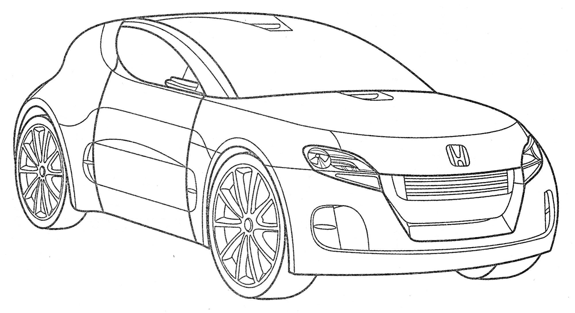 На раскраске изображено: Honda, Колеса, Окна, Дверь, Легковая машина, Логотипы, Транспорт, Авто