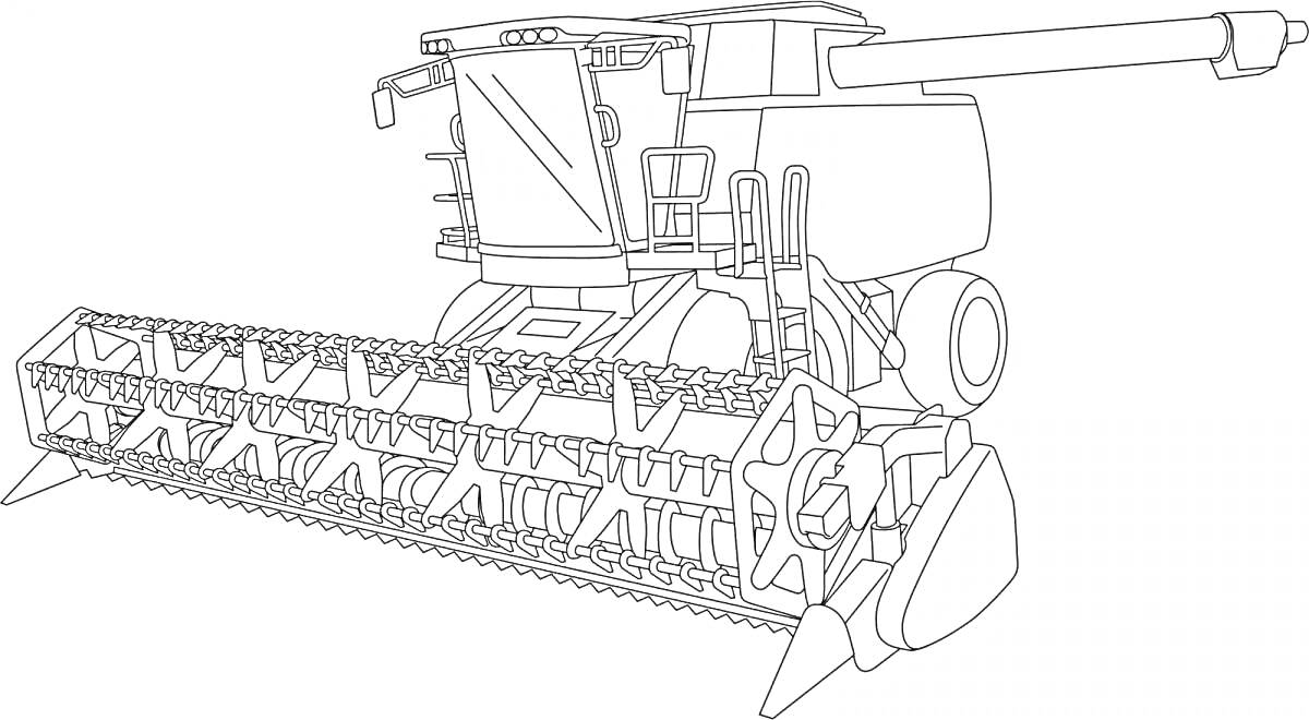 На раскраске изображено: Комбайн, Жатка, Сельское хозяйство, Техника, Сельскохозяйственная техника