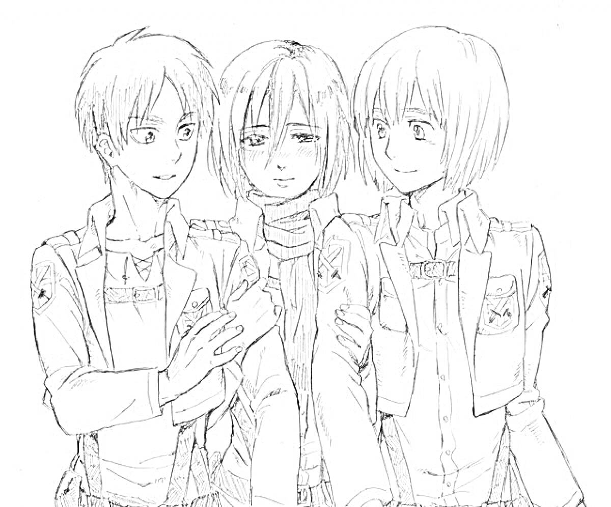 Три персонажа в униформе из аниме с нашивками, стоящие рядом и обнимающие друг друга.