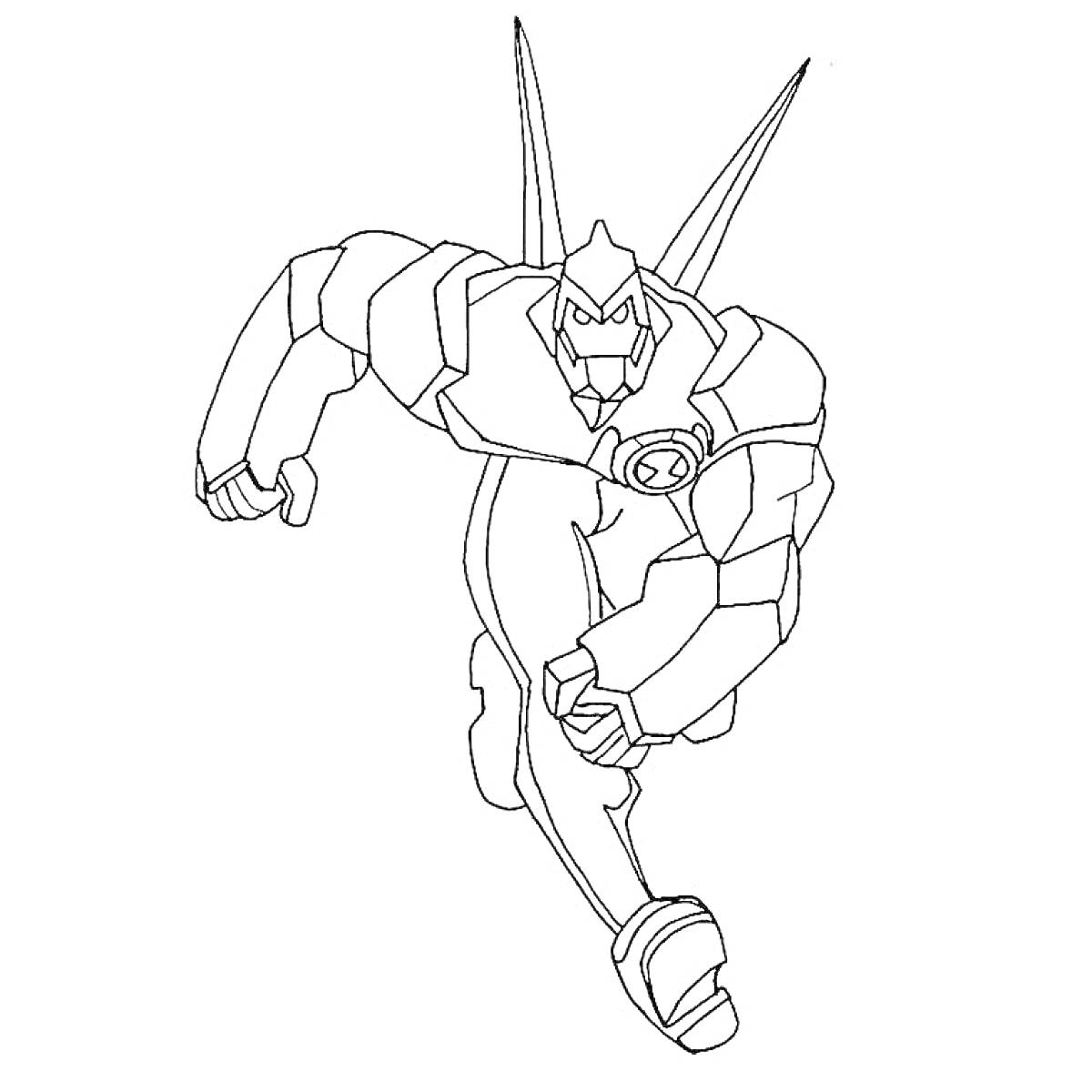 Раскраска Гуманоидное существо из Бен 10 в прыжке, с шипами на спине и значком Омнитрикса на груди