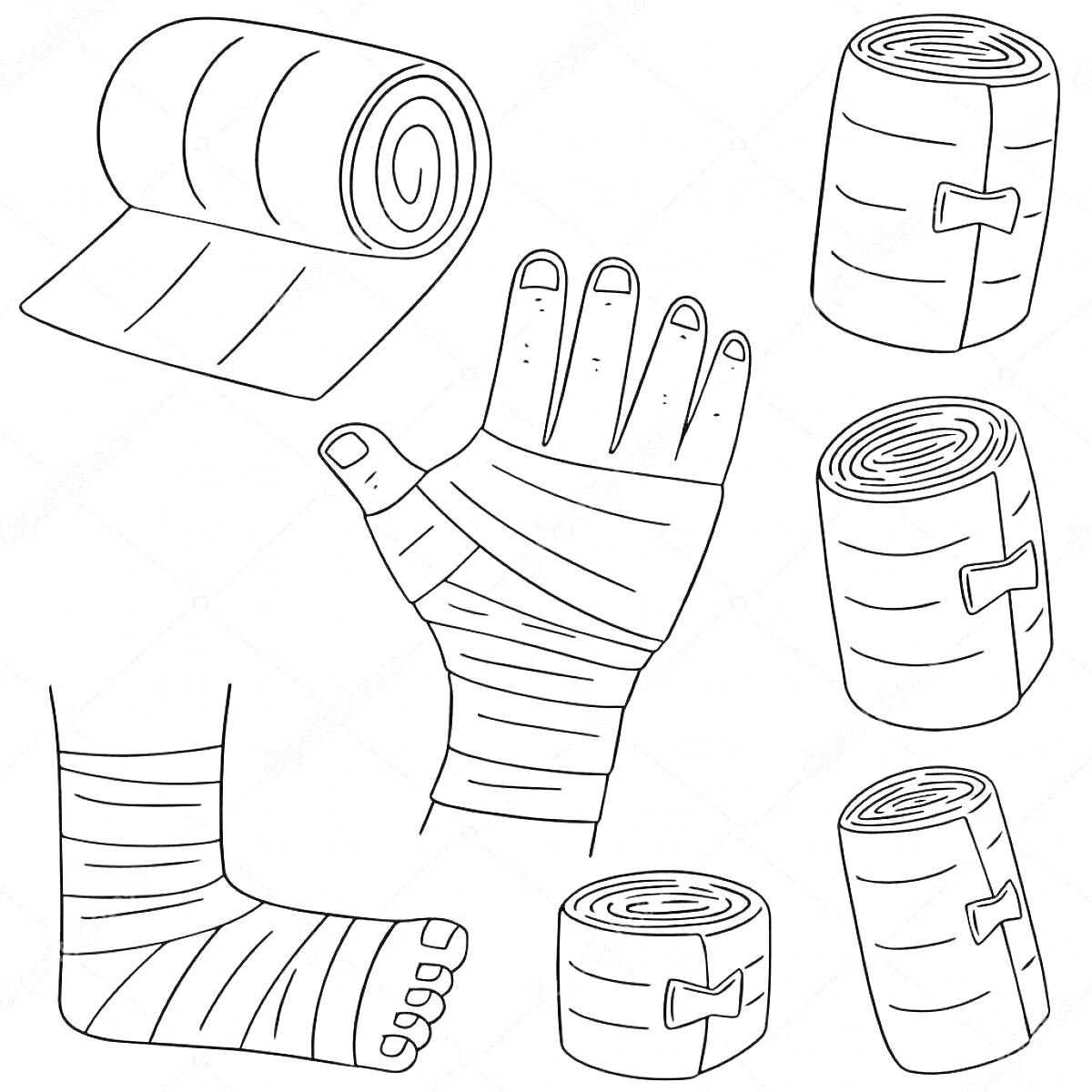 Раскраска Рулон бинта, рука с бинтом, нога с бинтом и три рулона бинта с застёжками