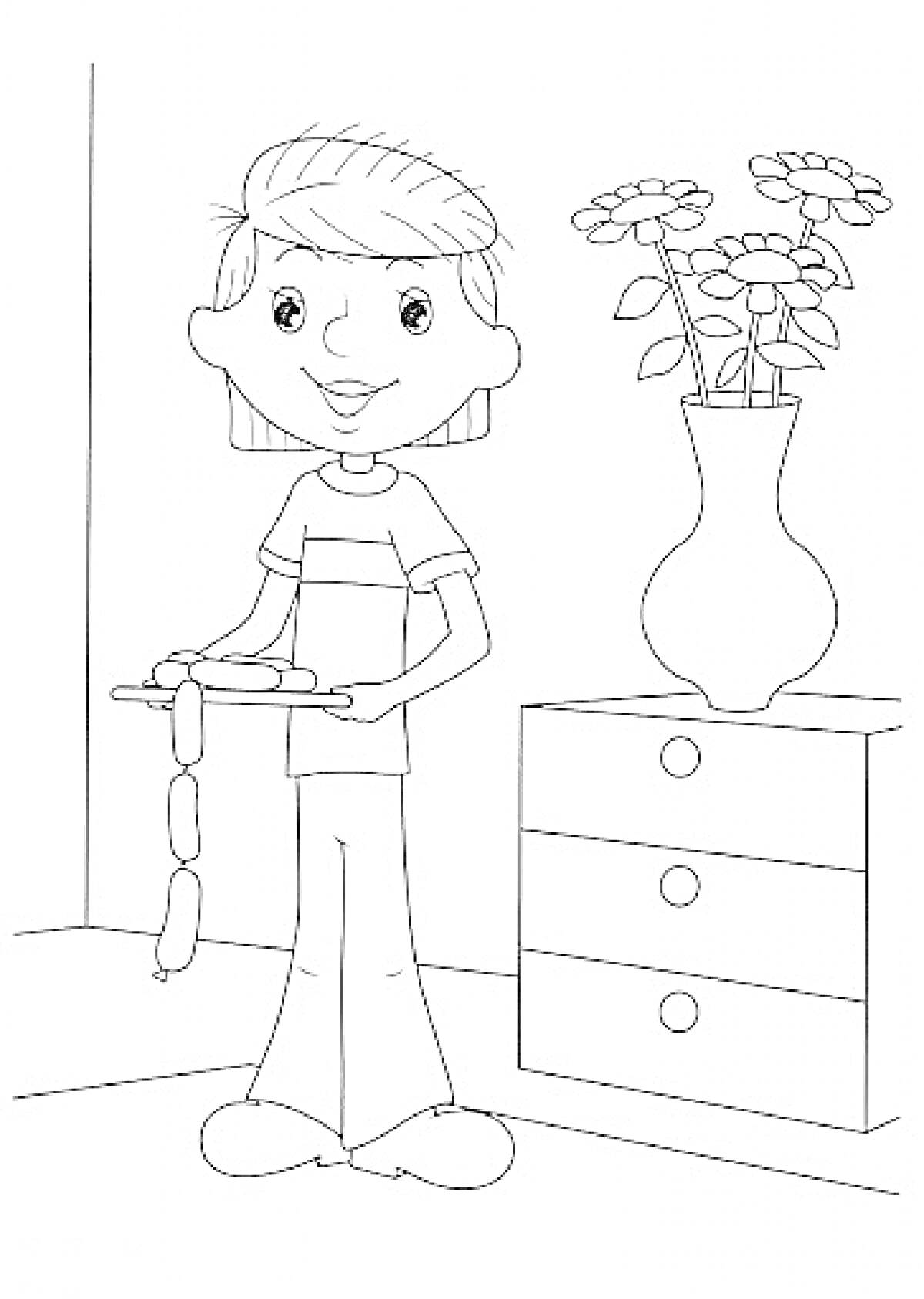 Раскраска Дядя Федор с сосисками в комнате с вазой и комодом