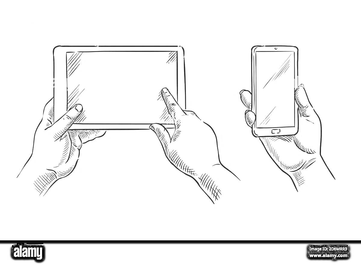 Раскраска Руки, держащие планшет и смартфон, на рисунке