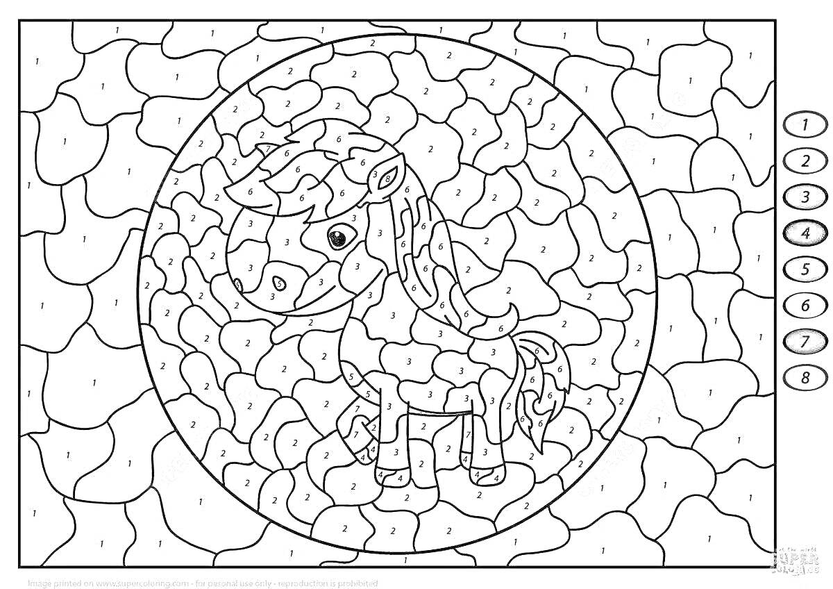 Раскраска Единорог в круге на фоне, раскраска по номерам