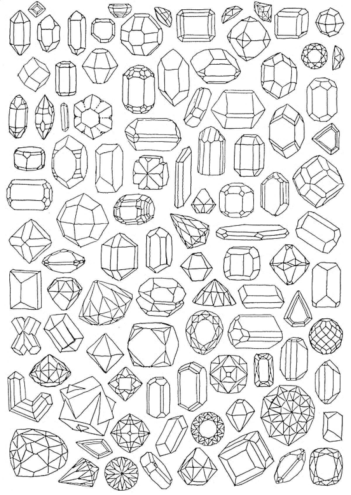 Раскраска Драгоценные камни, состоящие из различных форм и огранок, включая бриллиант, изумруд, овал, багет, круг, сердце, груша, триллиант и маркиз.