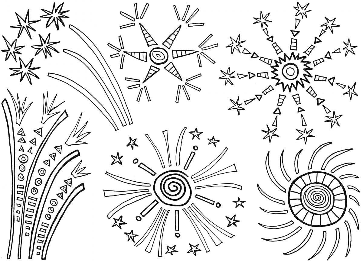 Раскраска разнотипные фейерверки с узорами, полосками и звездами на черном фоне