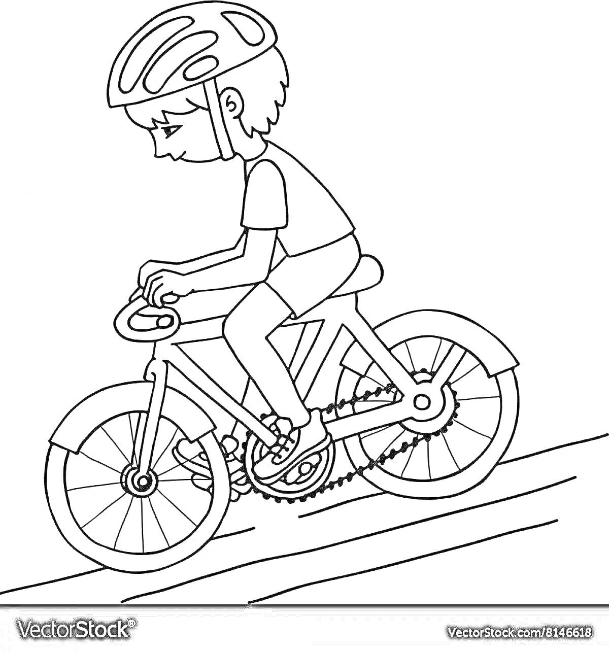 На раскраске изображено: Мальчик, Велосипед, Велосипедист, Спорт