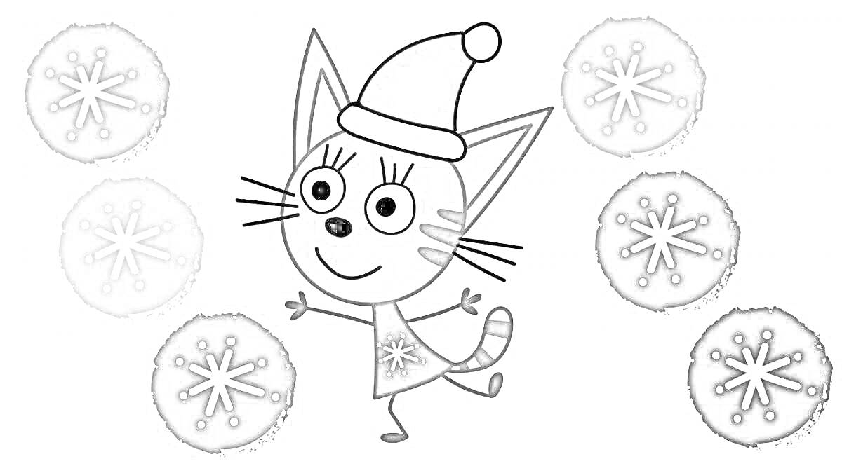 На раскраске изображено: Три кота, Новогодняя шапка, Снежинки, Из мультфильмов, Новый год, Карамель, Кот