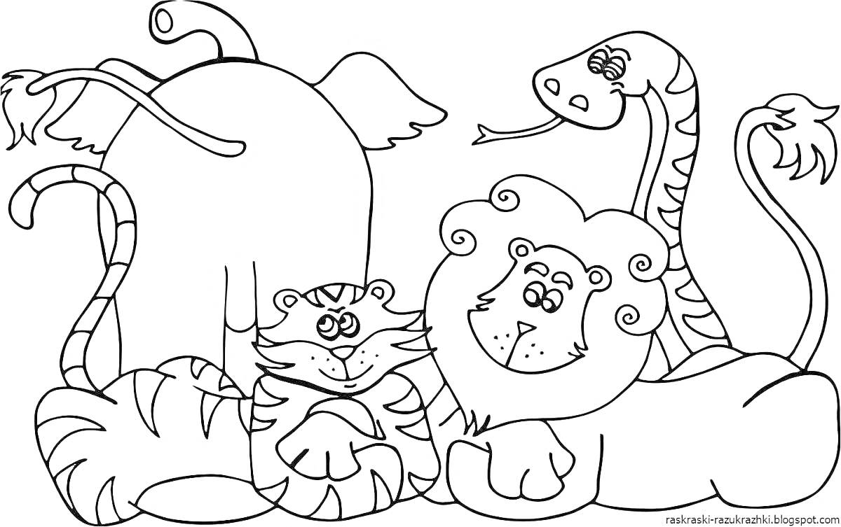 На раскраске изображено: Тигр, Лев, Слон, Для детей, 7 лет, Животные, Змеи