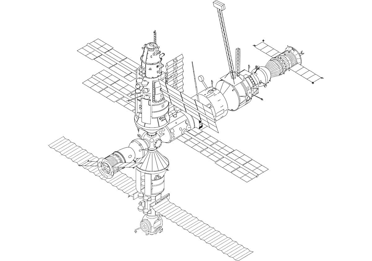 Раскраска Космическая станция с модулями и солнечными панелями