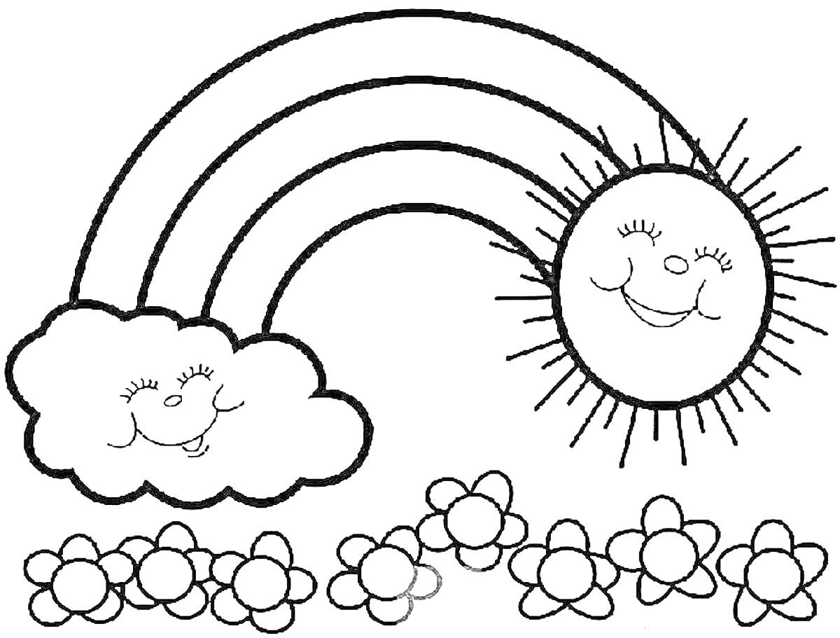 Раскраска Радуга с облаком и солнцем, цветы внизу