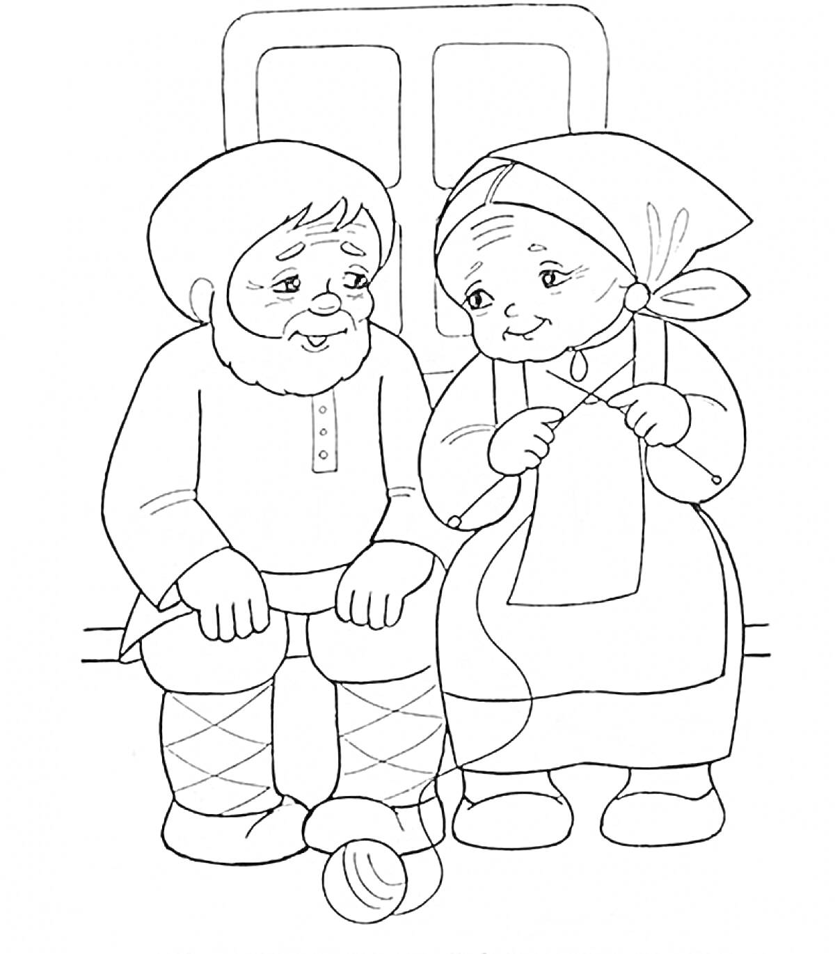 Раскраска Дед и бабушка сидят на скамейке, держа вязание