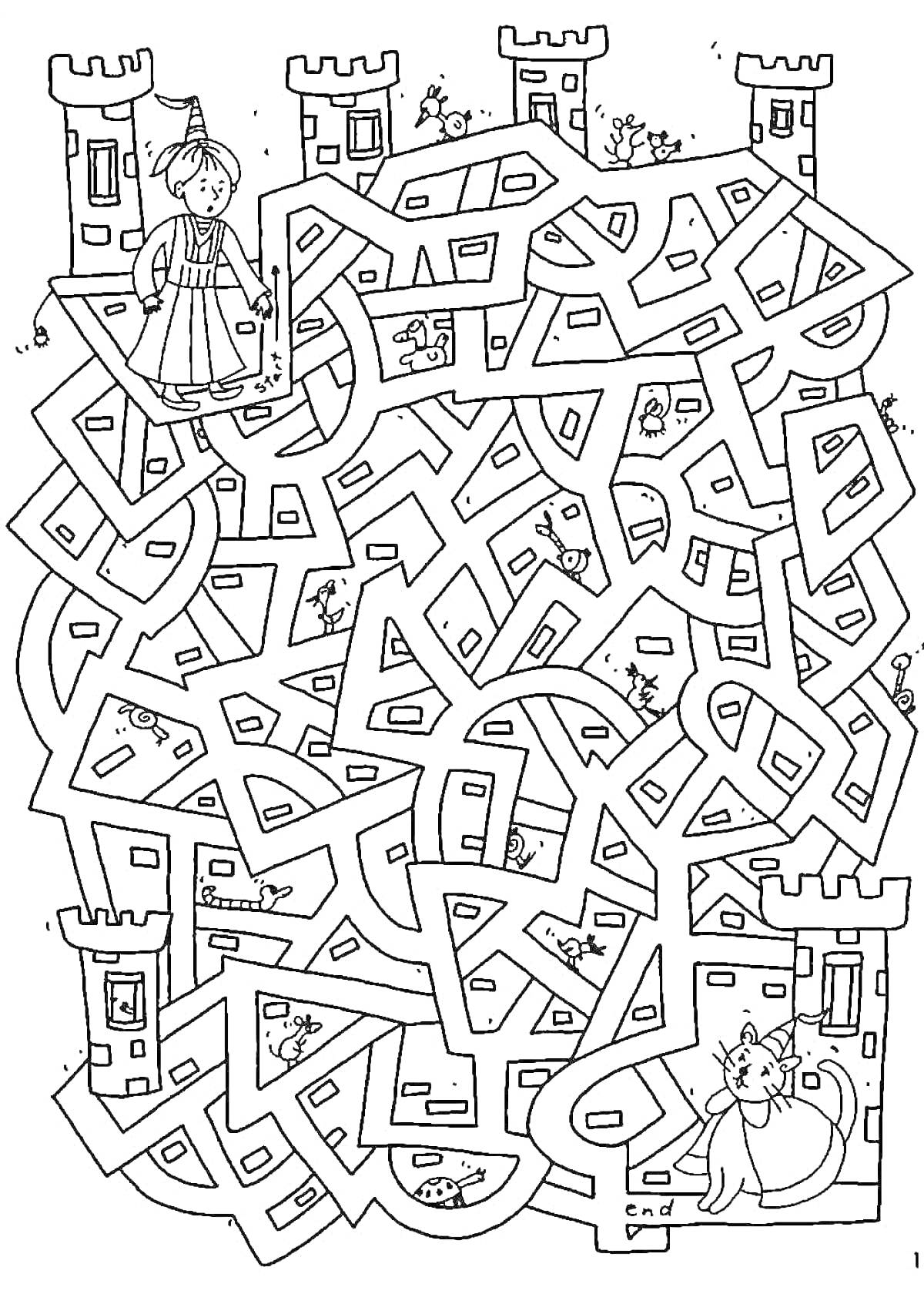 Раскраска Лабиринт с рыцарем, башнями и замком, ведущий к котенку