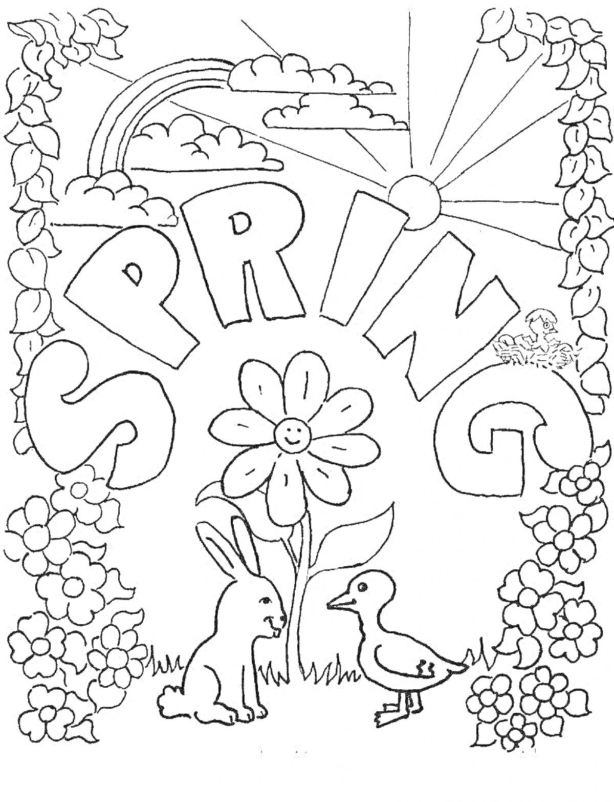 На раскраске изображено: Весна, Цветы, Радуга, Солнце, Кролик, Птичка, Природа, Для детей