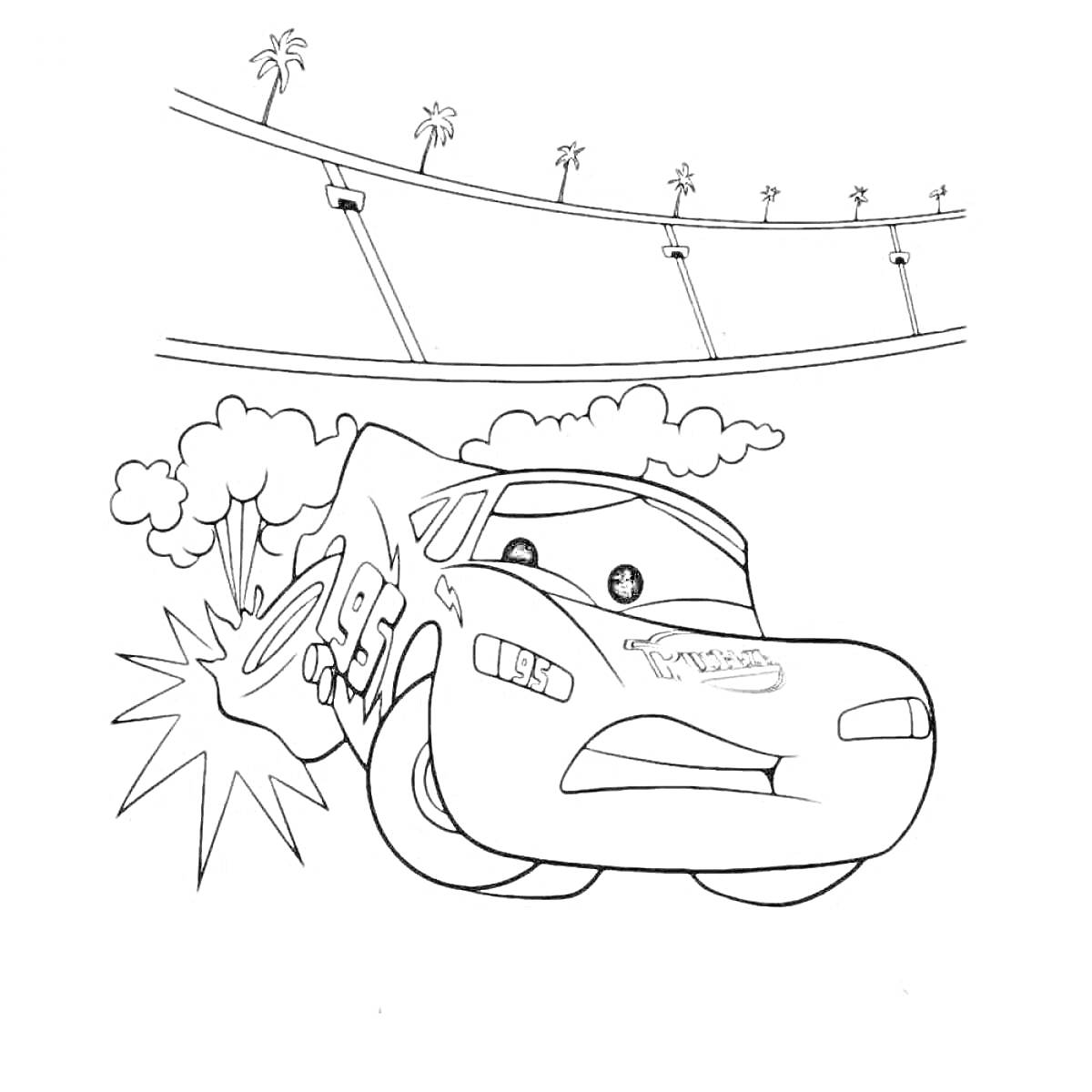 На раскраске изображено: Молния Маквин, Гоночная трасса, Деревья, Вспышка, Для детей